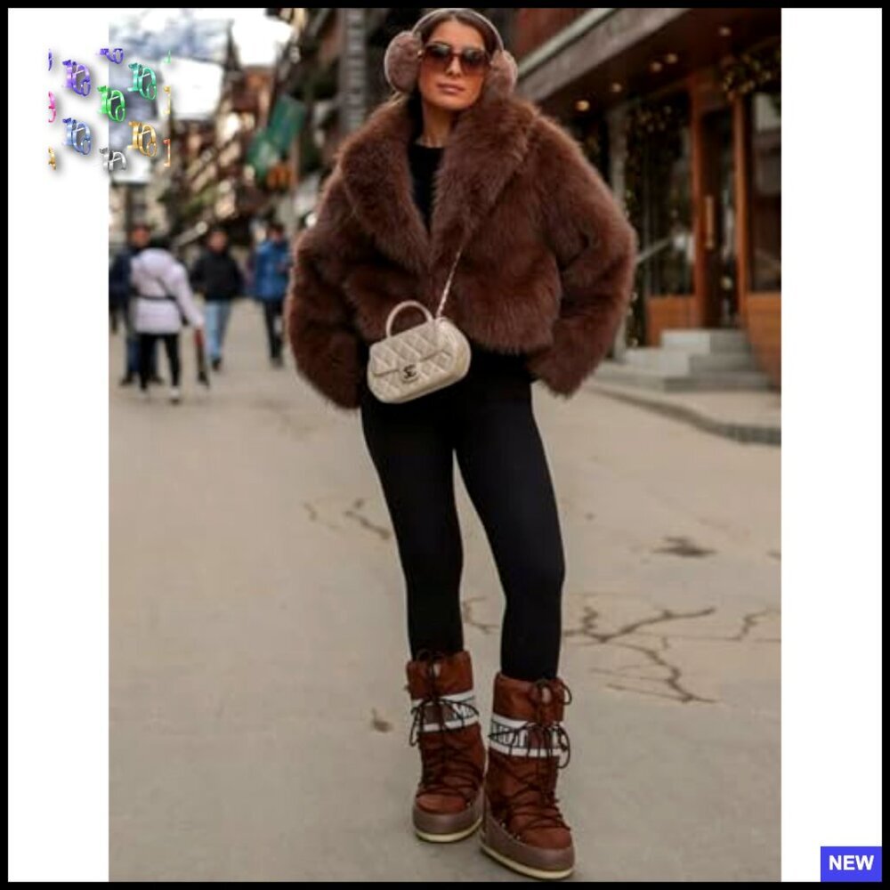 Fluffy Faux Fur Cropped Jacket Open Front Shawl Collar Winter Coat Chic - Picture 6 of 7